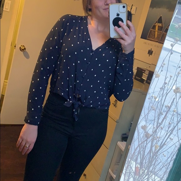 Navy blue, white polka dot long sleeve blouse - Picture 3 of 5